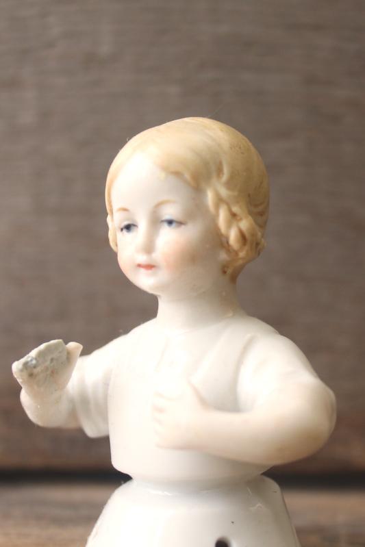 antique vintage Germany china half doll for pincushion, girl w/ blonde braids