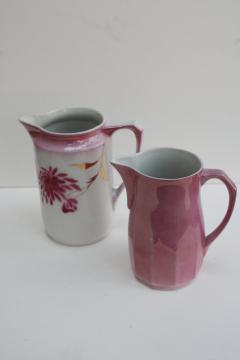 antique vintage Germany china pitchers, copper & pink luster lustreware