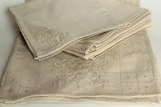 antique vintage Madeira embroidered flax linen table linens, napkins and place mats