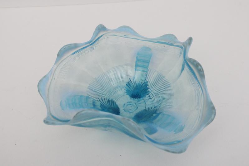 antique vintage Northwood blue opalescent glass candy dish, three toed bowl