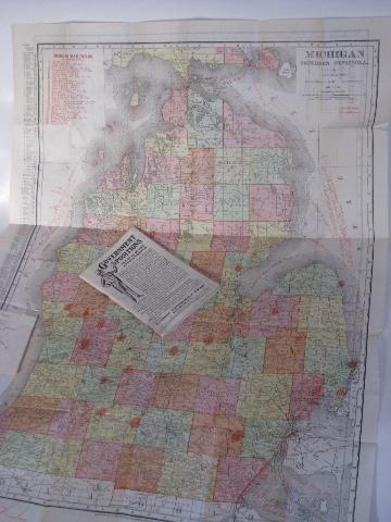 antique vintage Rand McNally Michigan railroad map & guide w/advertising - 1911