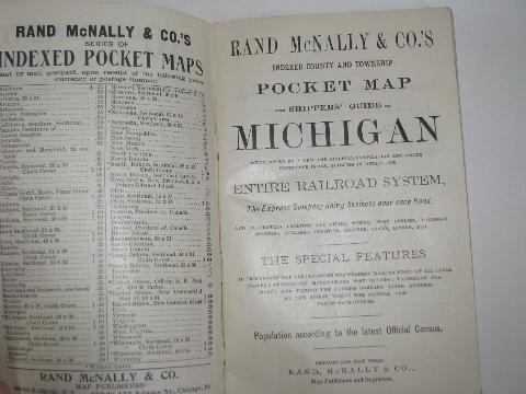 antique vintage Rand McNally Michigan railroad map & guide w/advertising - 1911