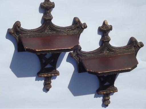 antique vintage Syroco Wood wall bracket shelves pair, original labels