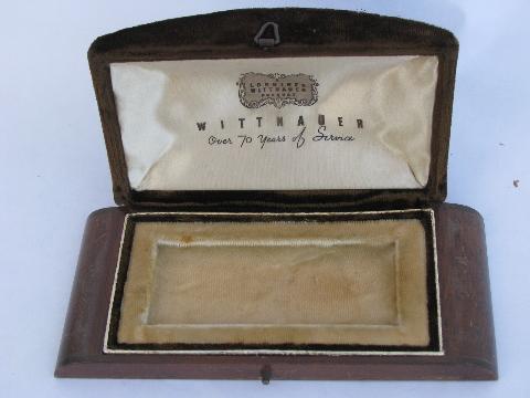 antique vintage Wittnauer Longines watch presentation display boxes, wood w/ velvet