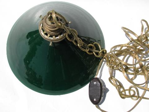 antique vintage bankers pendant light with Emerlite type, signed green cased glass shade
