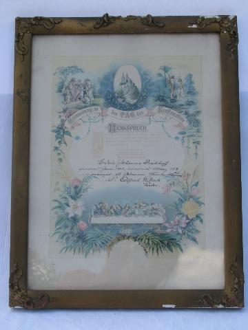 antique vintage baptismal, confirmation, marriage certificates, lovely colors, old wood frames
