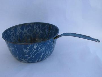 antique vintage blue & white marble swirl graniteware enamel, large pan w/ handle