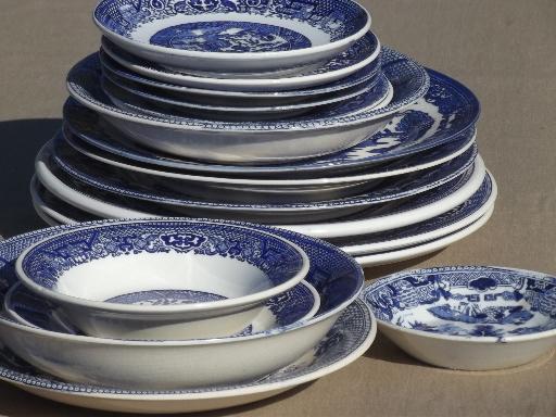 antique vintage blue willow china, shabby old blue & white plates & bowls