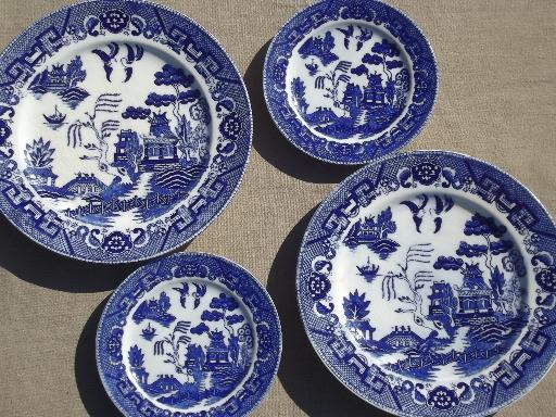 antique vintage blue willow china, shabby old blue & white plates & bowls