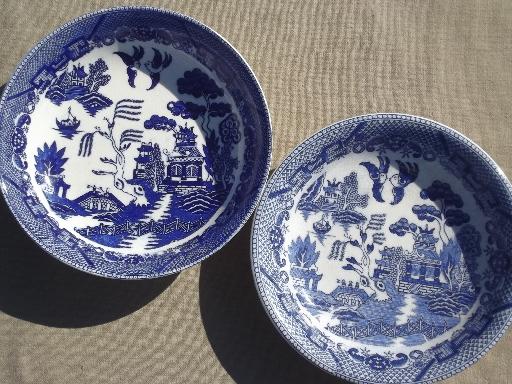 antique vintage blue willow china, shabby old blue & white plates & bowls