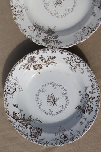 antique vintage brown transferware china plates & bowls, Chelsea pattern English Staffordshire