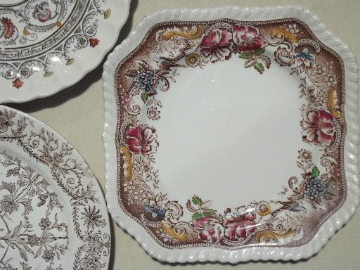 antique & vintage brown transferware china plates lot, lovely old china patterns!