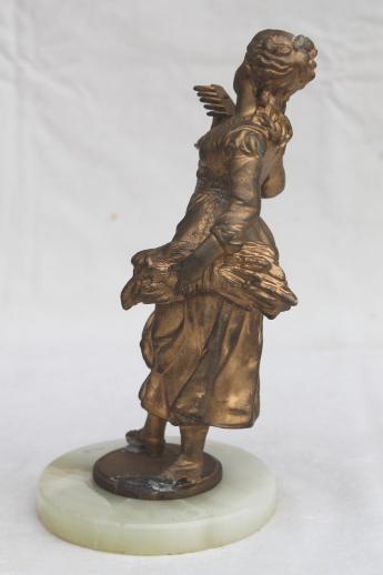 antique vintage cast metal lamp figure, french garden girl spelter statue w/ shabby gold