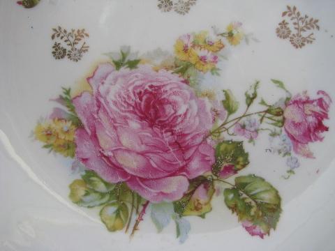 antique vintage china serving bowls, big pink cabbage roses floral