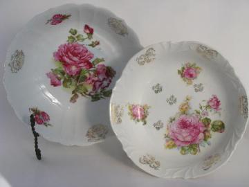 antique vintage china serving bowls, big pink cabbage roses floral
