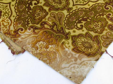 antique vintage cotton velvet fabric, romantic faded print in greens & gold