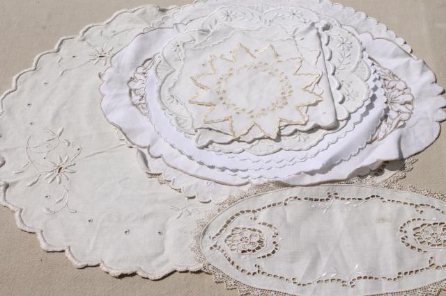 antique vintage fabric doilies w/ white work Madeira embroidery, table mats & tray cloth