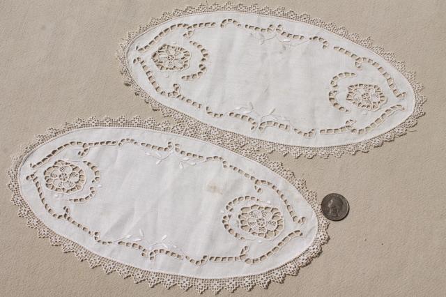 antique vintage fabric doilies w/ white work Madeira embroidery, table mats & tray cloth