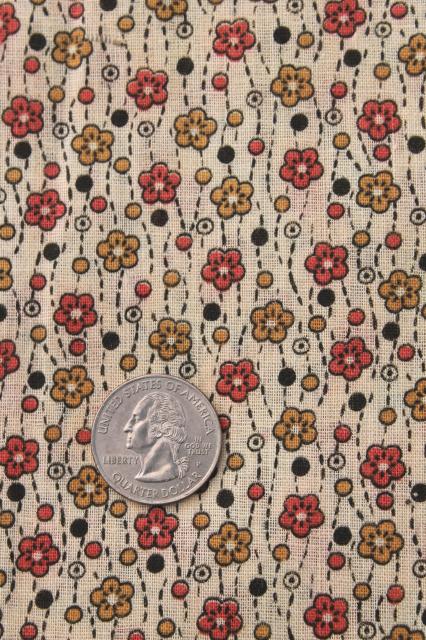 antique vintage fabric, orange & gold flowers tiny print lightweight cotton lawn or voile