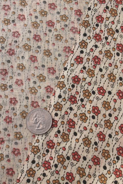 antique vintage fabric, orange & gold flowers tiny print lightweight cotton lawn or voile