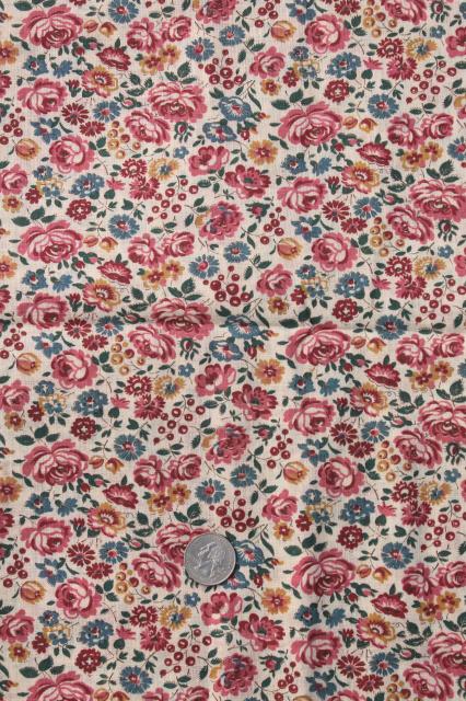 antique vintage fabric, pink roses print lightweight cotton lawn or voile