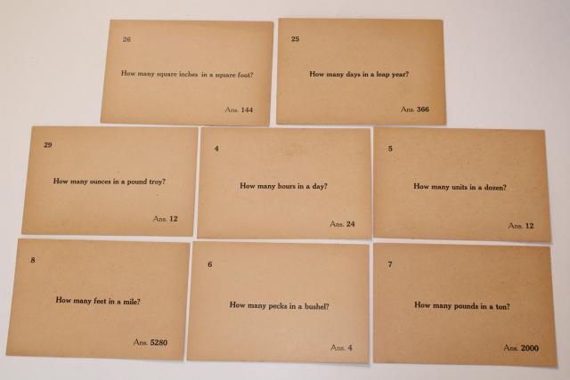 antique vintage flash cards, classroom math & measurements quiz question cards