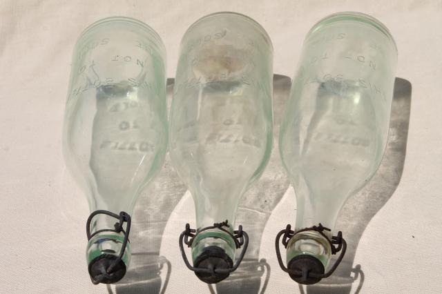 antique & vintage glass bottles w/ wire bail lids, old embossed glass wine bottles