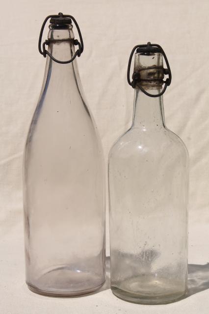 antique & vintage glass bottles w/ wire bail lids, old embossed glass wine bottles