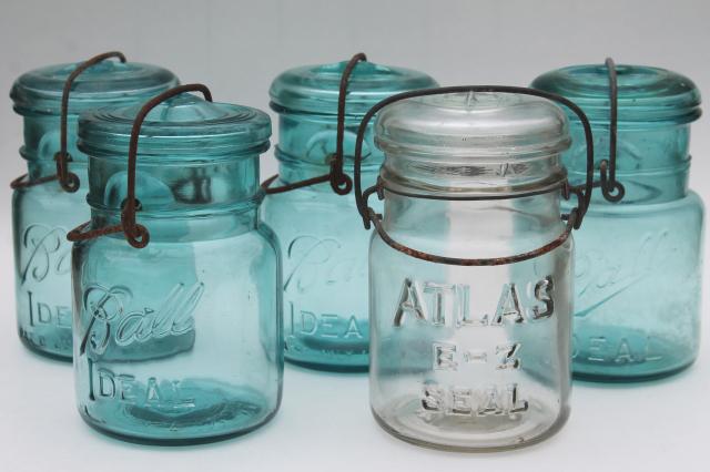 antique vintage glass canning jars w/ 1908 patent dates, bail lid blue glass Ball jars