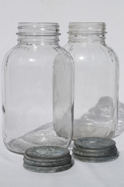 antique vintage glass jar lot w/ old zinc lids, large food bottles / canning jars
