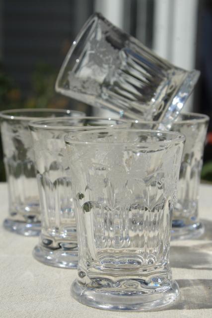 antique vintage glass tumblers, tiny cordial glasses heavy pressed glass w/ etched grapes