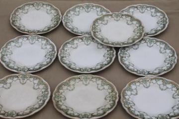 antique vintage green transferware china plates, Marie pattern English Staffordshire