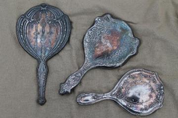 antique vintage hand mirrors, tarnished worn silver w/ shabby silvered mirrors