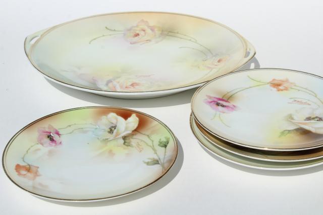 antique vintage hand painted Prussia china dessert set, tray & cake plates