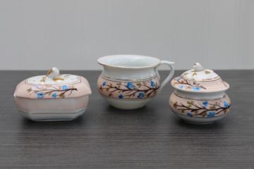 antique vintage hand painted china dresser set for washstand, cup, soap dish, trinket box