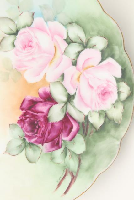 antique vintage hand painted china plates, pink roses cake trays / serving plate lot