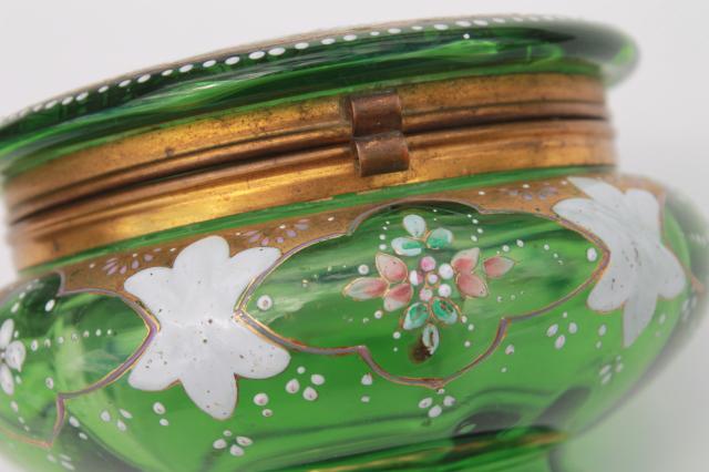 antique vintage hand painted enamel green glass vanity table powder puff box