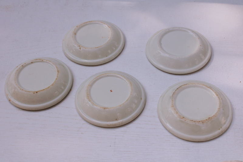antique vintage ironstone china butter pats, stack of tiny plates stained worn floral