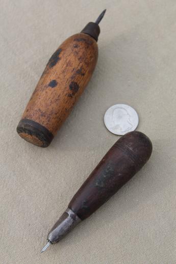 antique vintage leather sewing tools, sewing awls thread & cobbler's wax