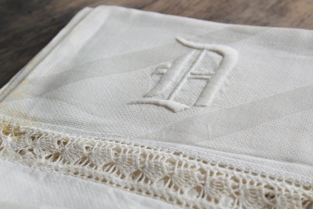 antique vintage linen huckaback & damask bath towels, embroidered D monogram letters