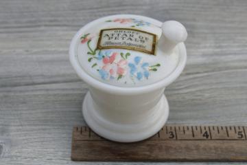 antique vintage milk glass dresser box, novelty whimsy mortar  pestle w/ original paint