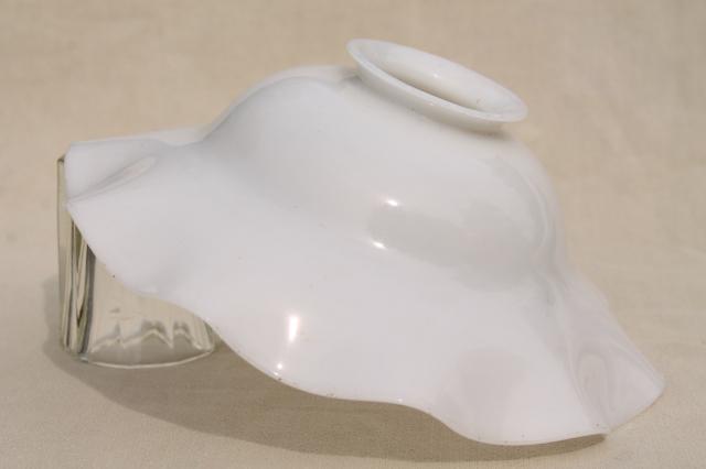 antique vintage milk glass reflector shade for industrial light, hanging pendant lamp