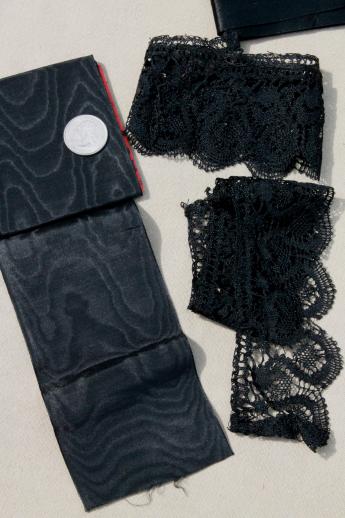 antique & vintage mourning dress sewing trims lot, silk sash ribbon, lace flounce, heavy veil