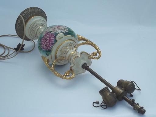 antique vintage porcelain urn lamp, hand painted flowers & gold gilt
