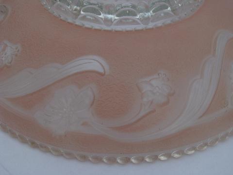 antique vintage pressed pattern glass pendant light shades, floral w/ pink