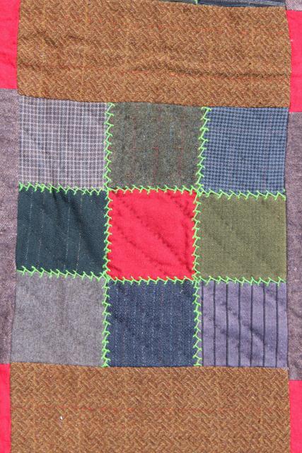 antique vintage quilt w/ feather stitching, old wool suiting & heavy cotton flannel shirting fabric