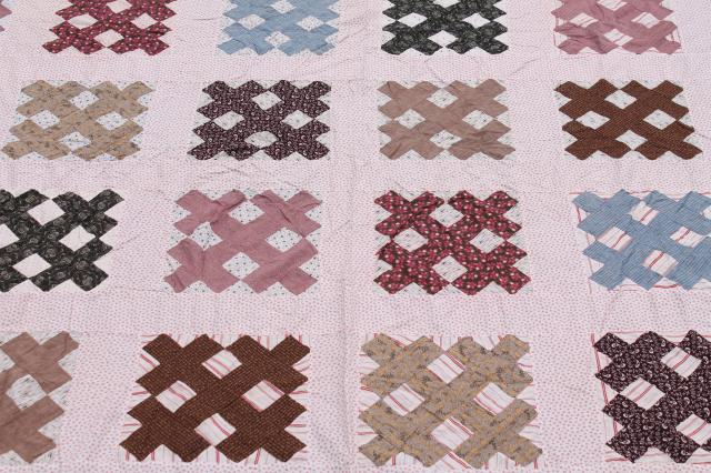 antique vintage quilt top, country primitive old cotton shirting fabric cross hatch patchwork