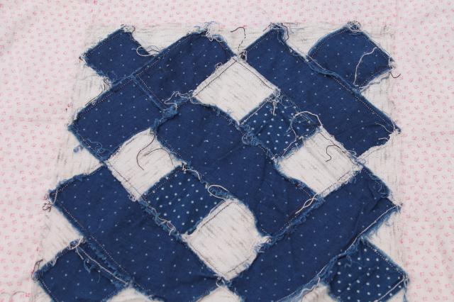 antique vintage quilt top, country primitive old cotton shirting fabric cross hatch patchwork