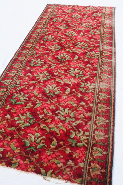 antique vintage rose red William Morris style floral wool carpet stair rug remnant