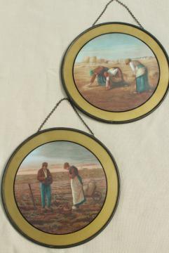 antique vintage round flue cover pictures, Gleaners prints w/ reverse painted glass